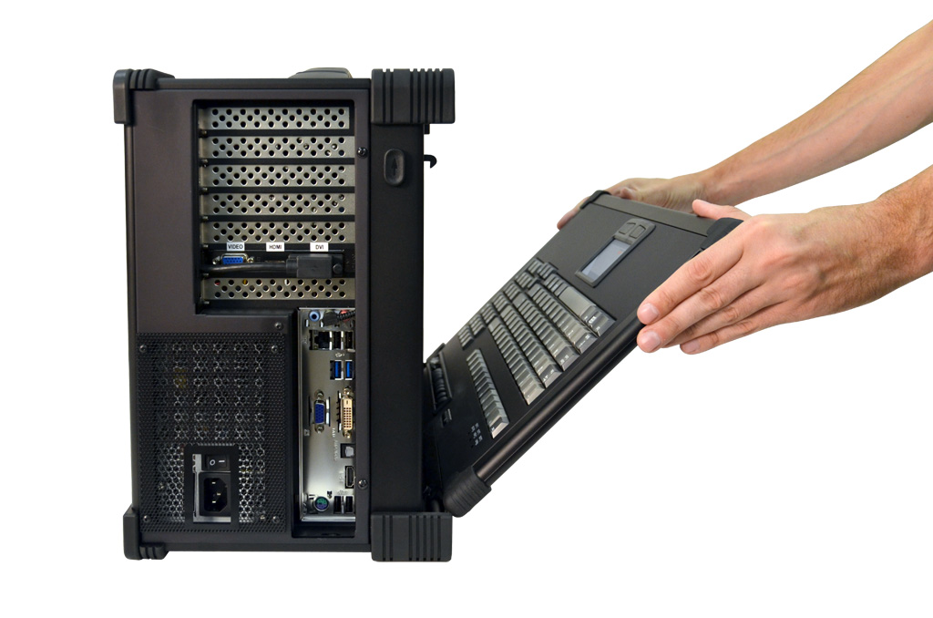 Ruggedized briefcase style portable computer with dual-core and quad-core  CP, PCI-Express expansion slot, removable disk drive, and spill-proof  illuminated keyboard. MPC-1000 product photos.